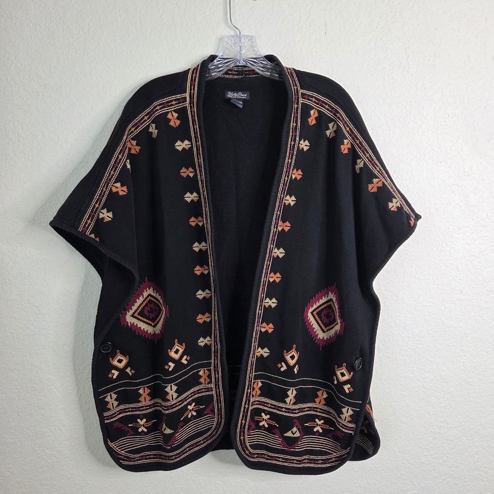 Lucky Brand Poncho OS Black Embroidered Geometric Boho Southwestern Wrap